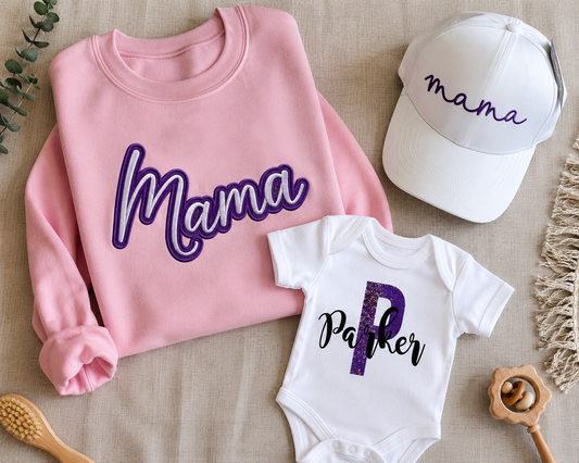 Personalized Mama & Me Bundle with embroidered sweatshirt, baby onesie, and mama baseball cap in pink and purple colors