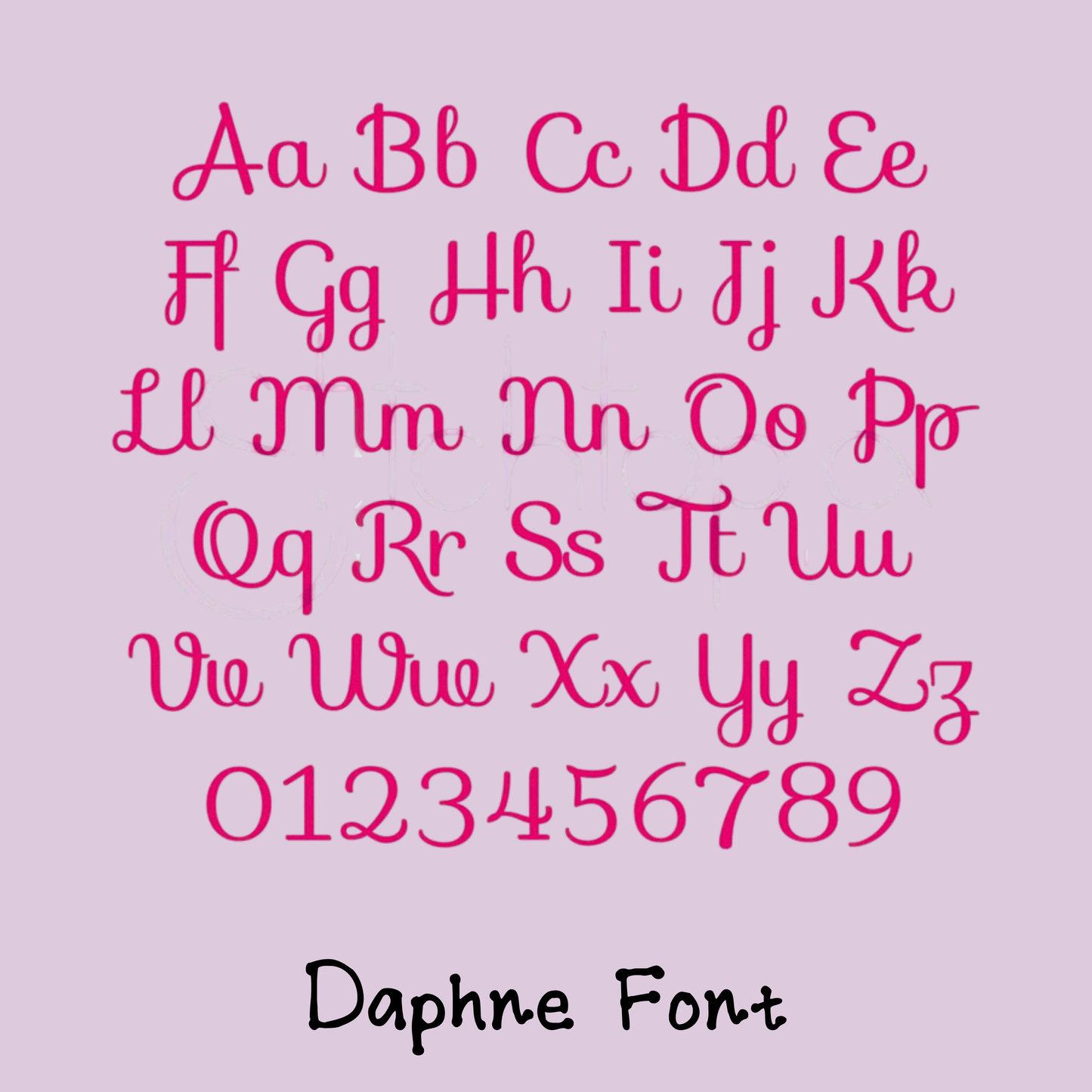 Daphne font alphabet and numbers in pink for custom embroidery on design your own adoption stuffed animal