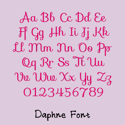 Daphne font alphabet and numbers in pink for custom embroidery on design your own adoption stuffed animal