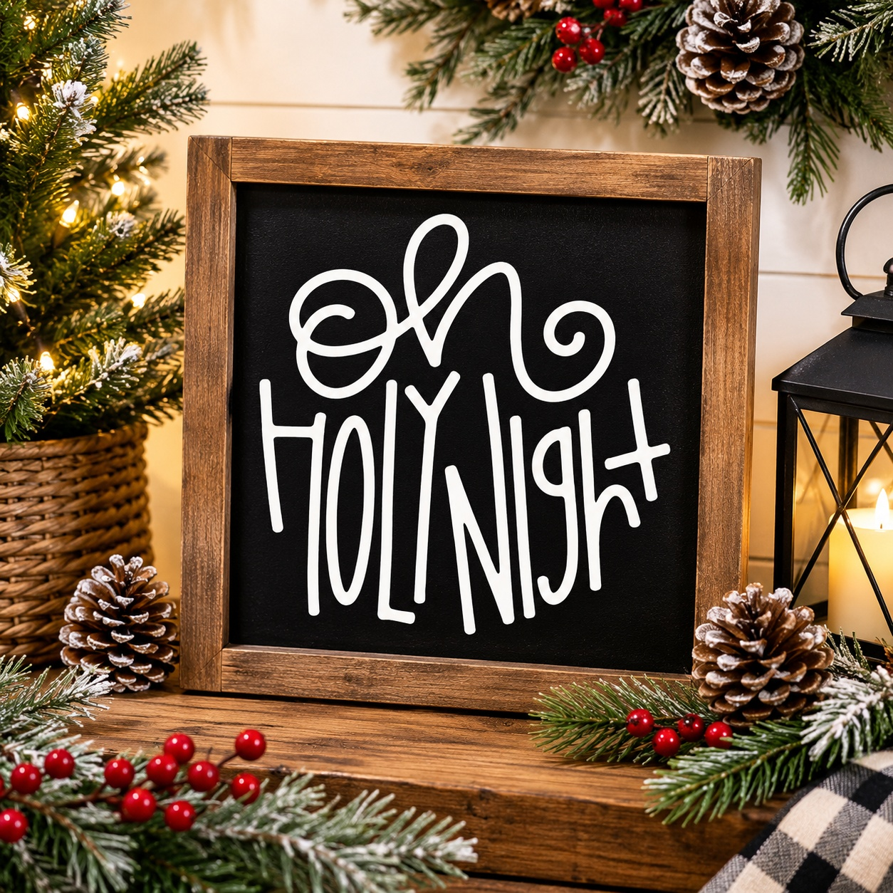 Decorative sign with 'Oh Holy Night' text in a wooden frame, surrounded by Christmas decorations.