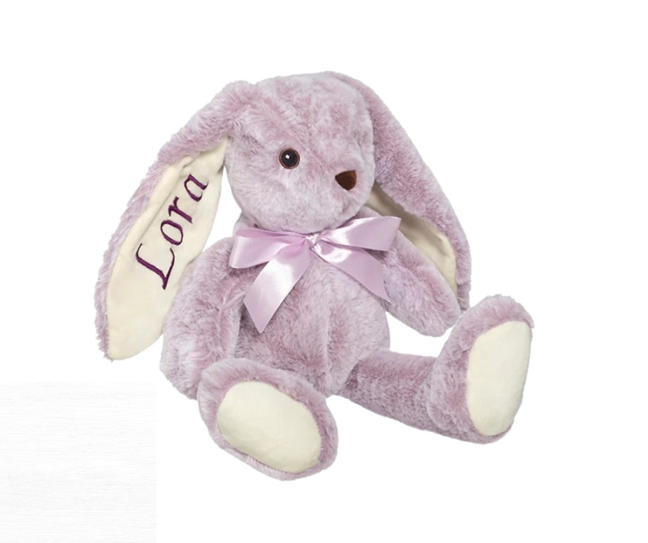 15" personalized bunny plush with embroidered name on ear, soft and huggable keepsake for kids.