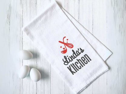 Personalized kitchen towel with custom name and embroidered whisk and spoon design in choice of thread color