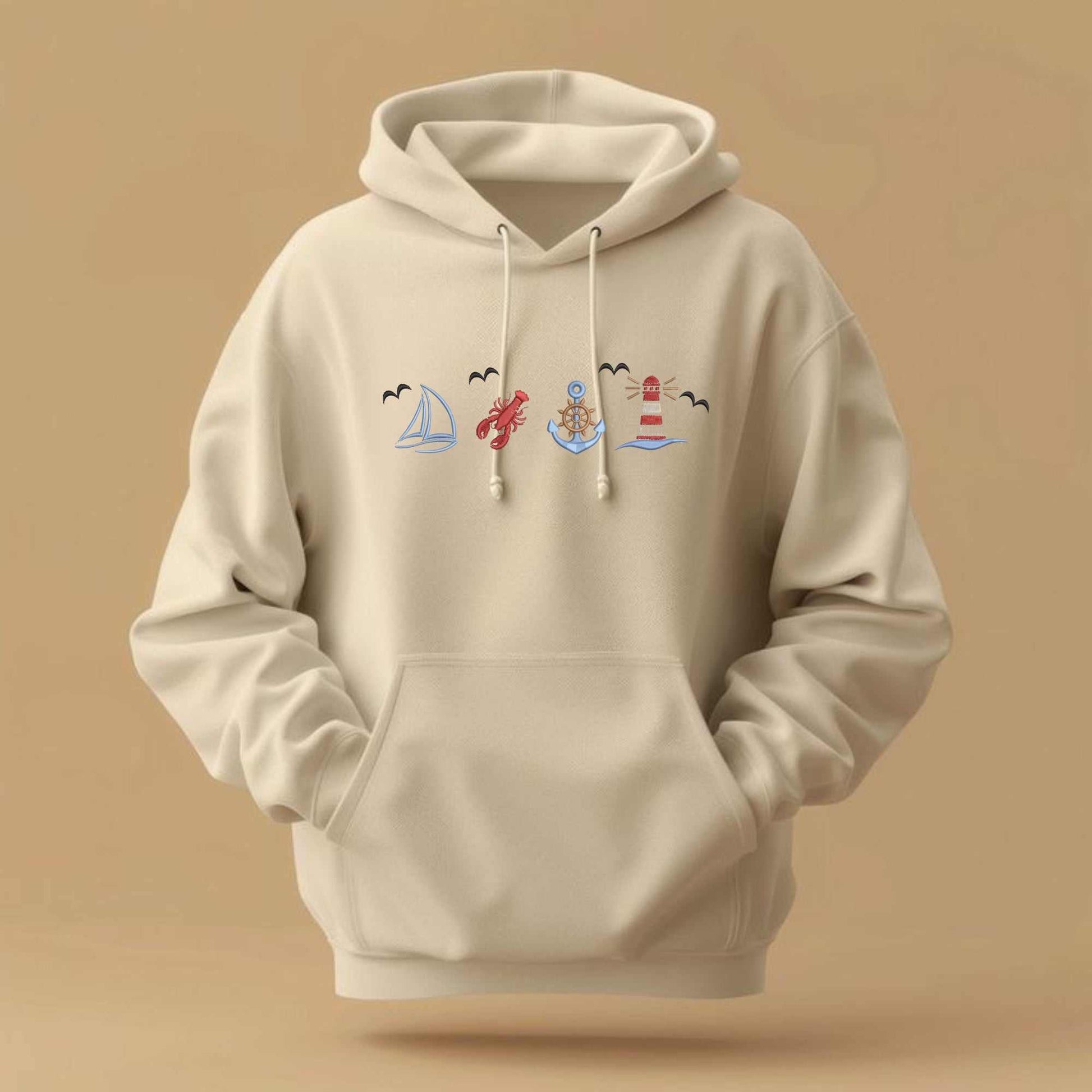 Embroidered Coastal Sweatshirt with ocean life and vintage boat design.