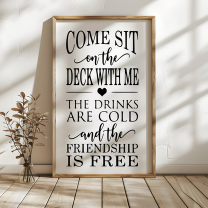 Handmade wood sign for deck or patio with rustic pine frame and customizable features, 12x24 inches.