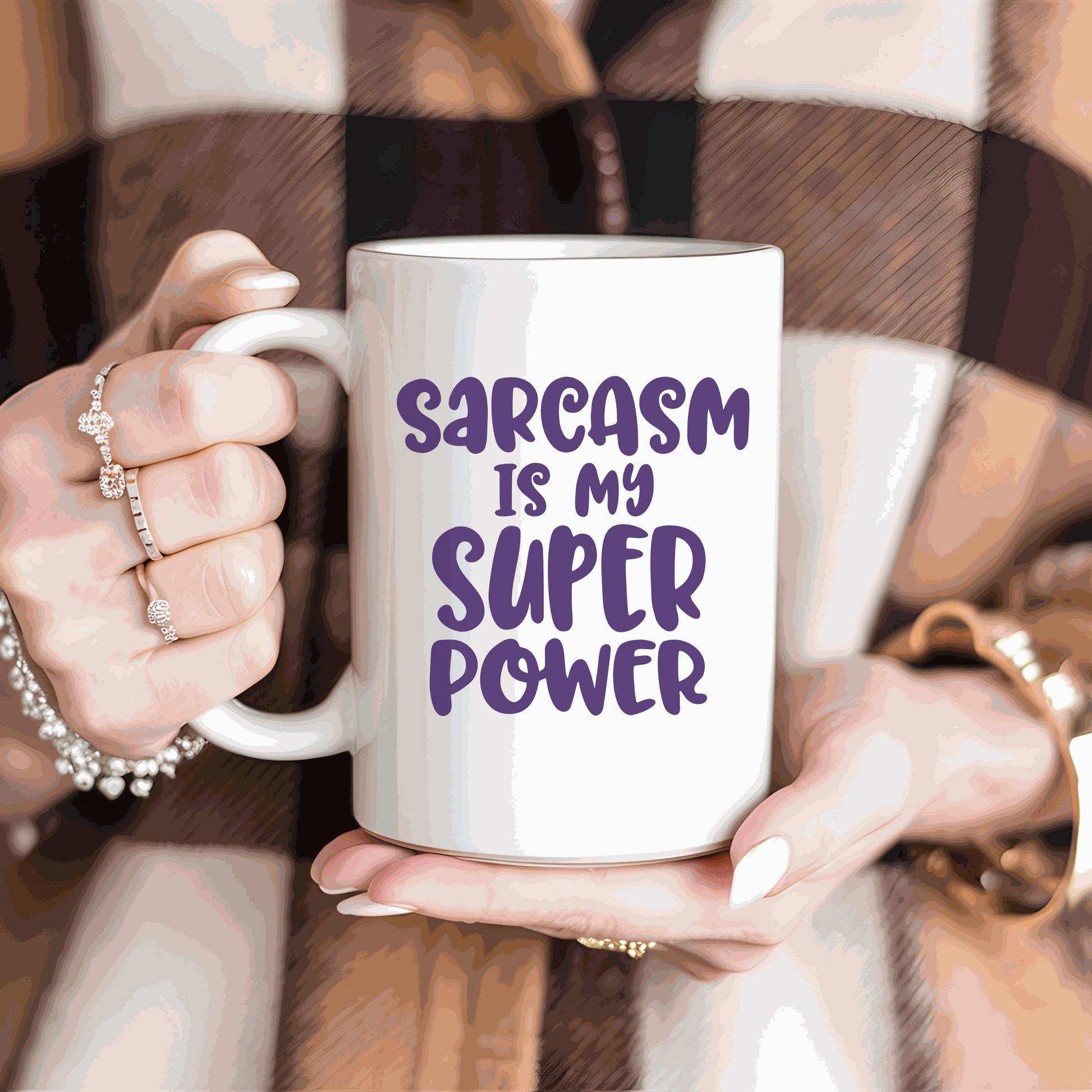 Humorous ceramic mug with "Sarcasm is my Super Power" design, 11 oz, white and glossy.