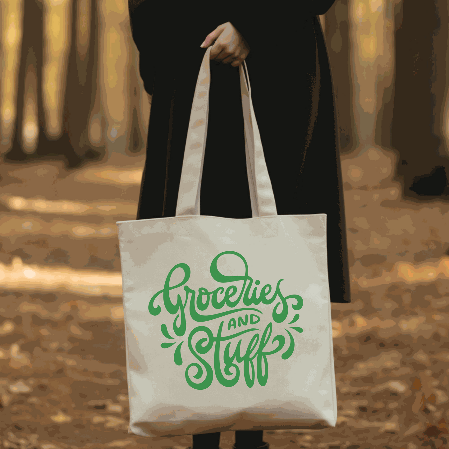 Cotton canvas tote bag with "Groceries and Stuff" design, reusable and eco-friendly.