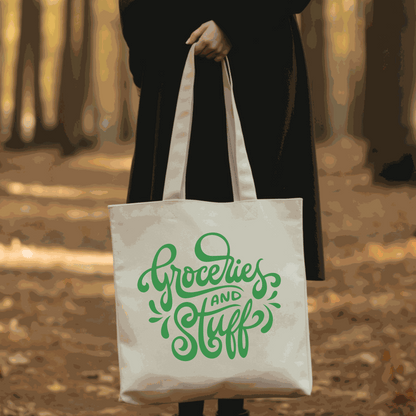 Cotton canvas tote bag with "Groceries and Stuff" design, reusable and eco-friendly.