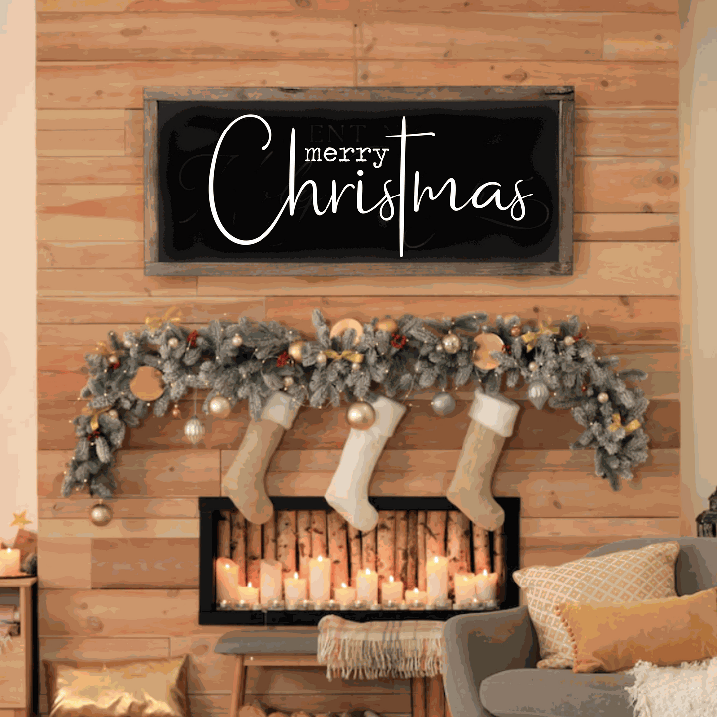 Handmade Merry Christmas wood sign with black background and white script lettering, mounted on pine wood frame, displayed above a festive fireplace.