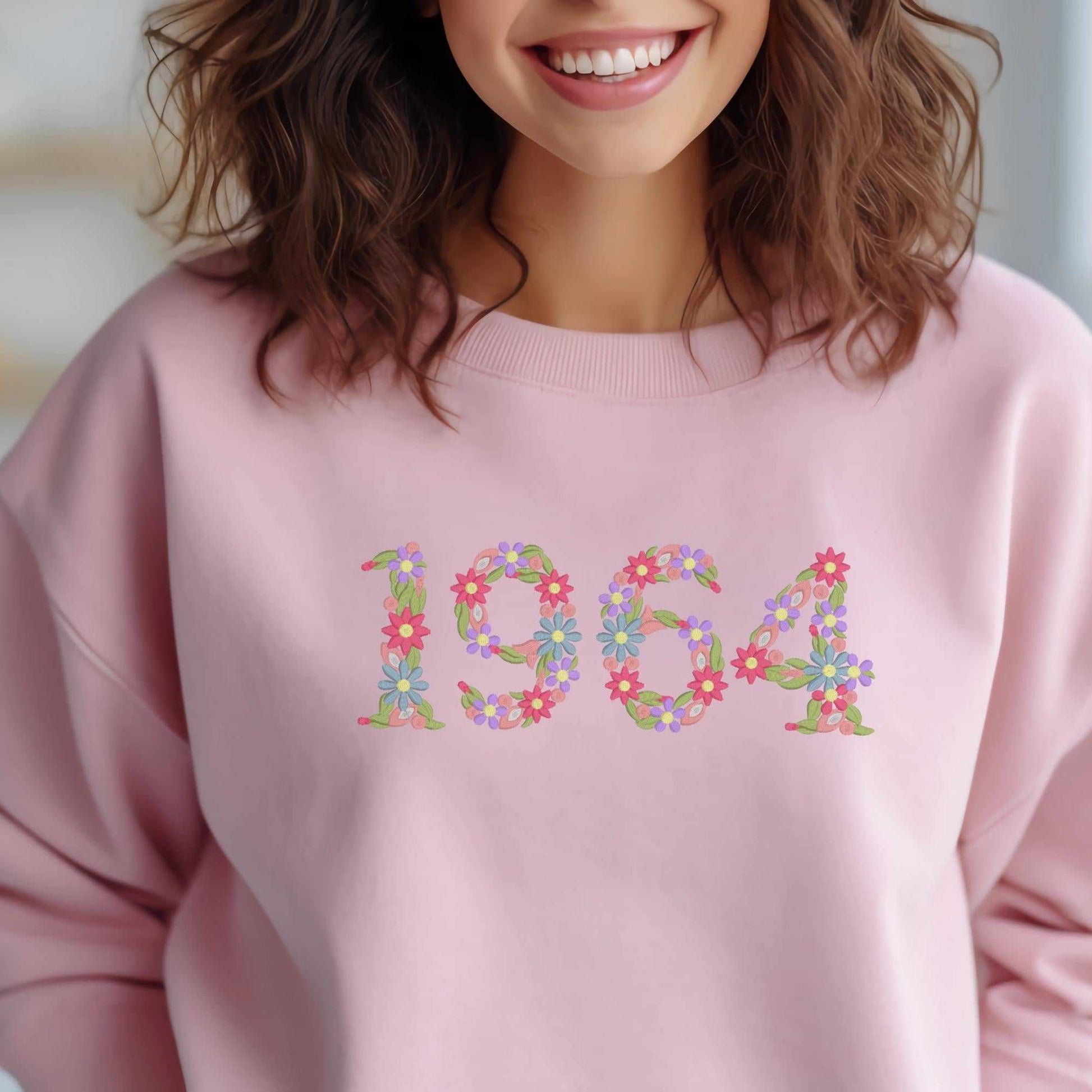 Birthday year embroidered floral number sweatshirt with personalized stitched flowers