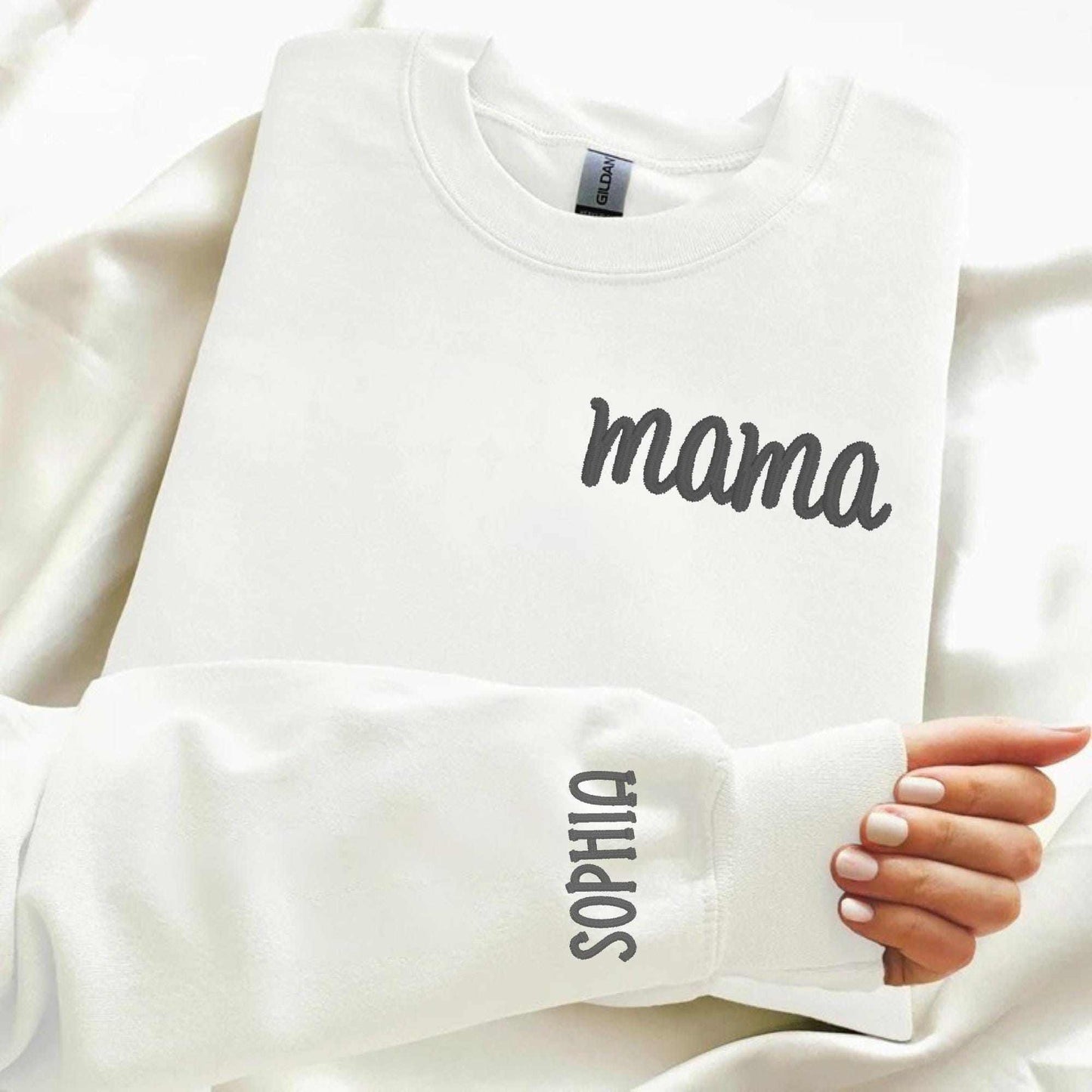 Personalized Mama Sweatshirt with kids' names embroidered on sleeves, cozy and meaningful gift