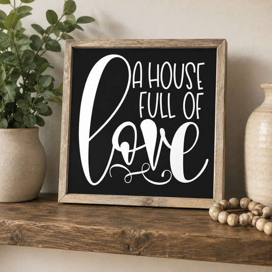 Decorative sign with 'A House Full of Love' text on a wooden shelf with plants and a vase.