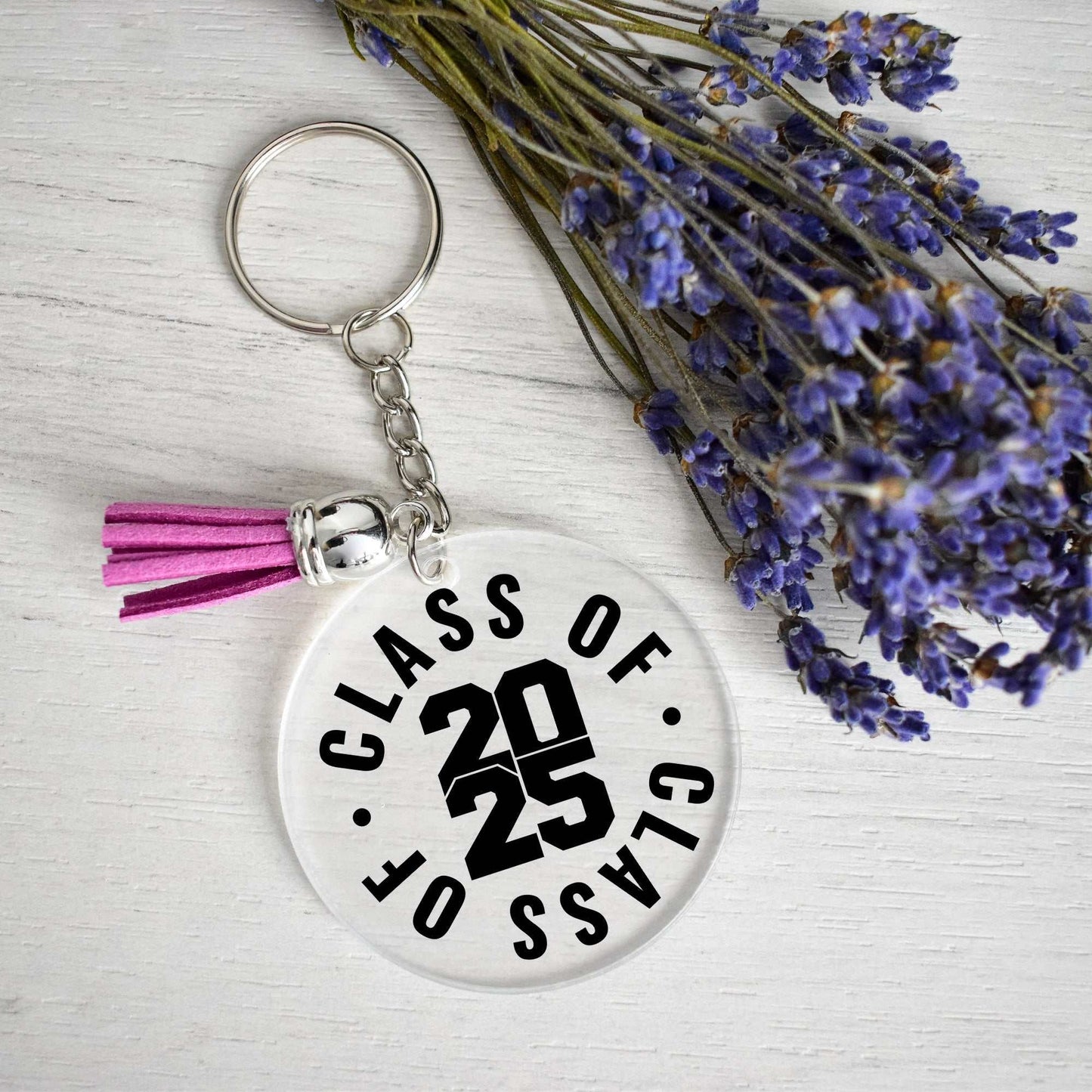Class of 2025 graduation keychain with tassel, acrylic keepsake, gift for high school and college graduates.