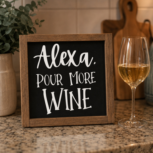 Decorative sign with 'Alexa, pour more wine' text next to a glass of wine on a kitchen counter.