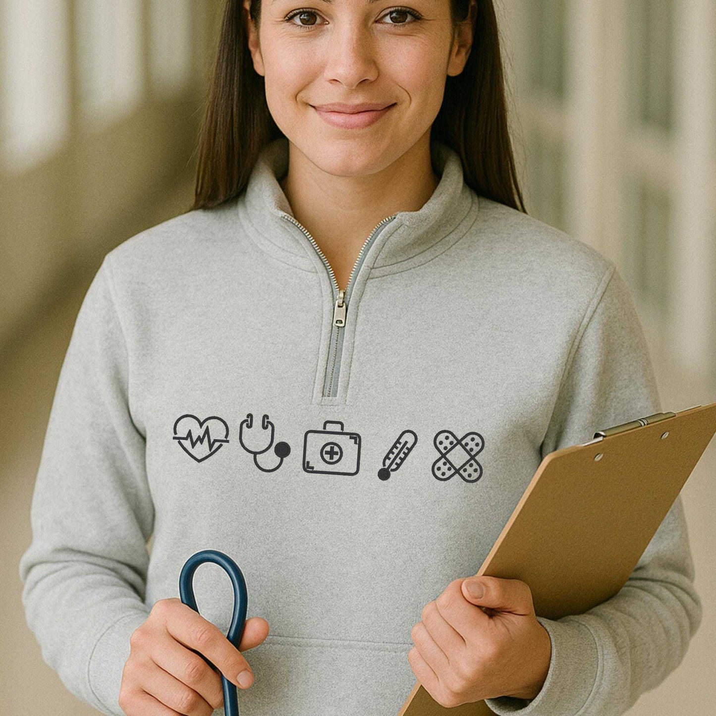 Embroidered Varsity Nurse Icon Quarter Zip Sweatshirt