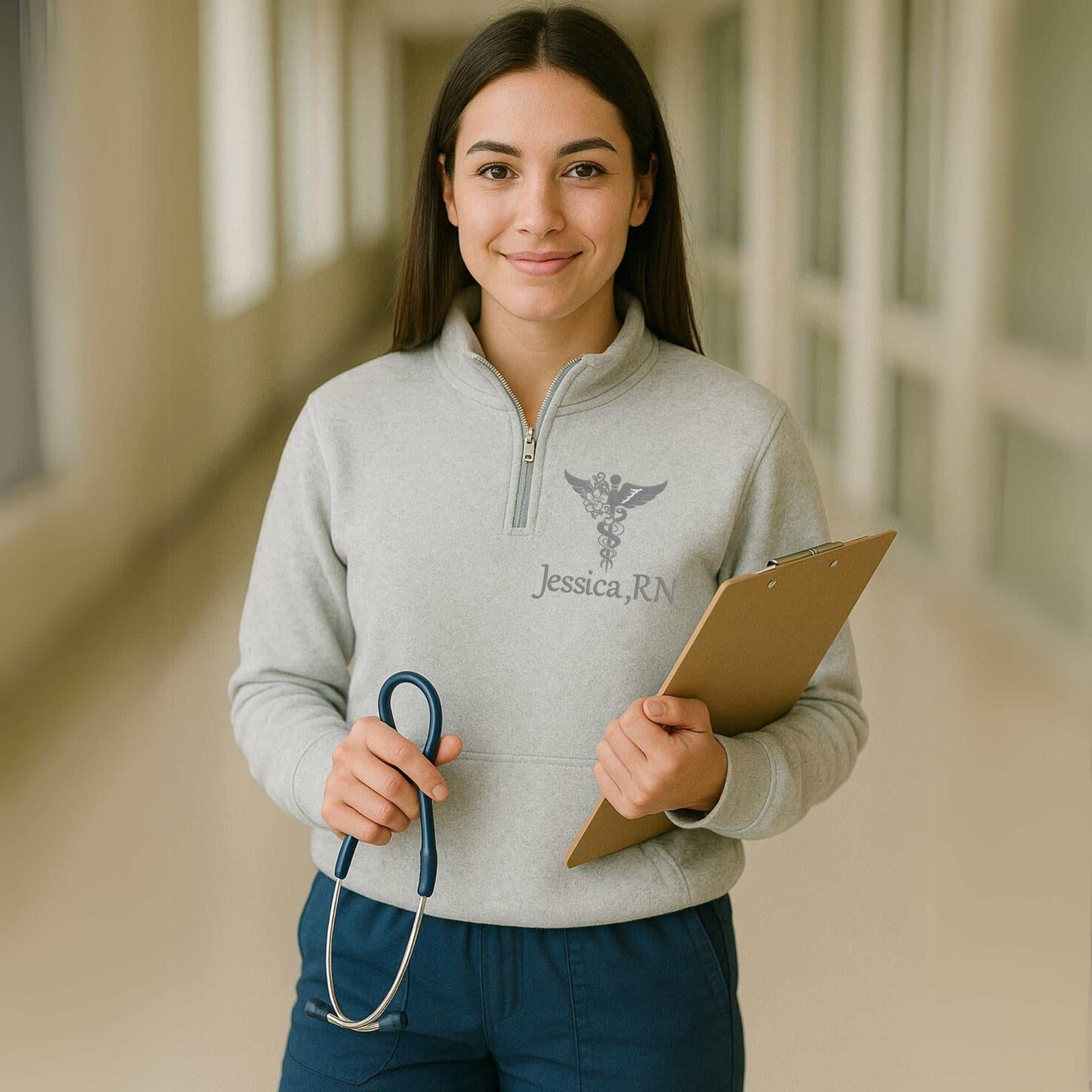 Nurse embroidered quarter zip sweatshirt with custom name and medical symbol