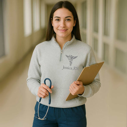 Nurse embroidered quarter zip sweatshirt with custom name and medical symbol