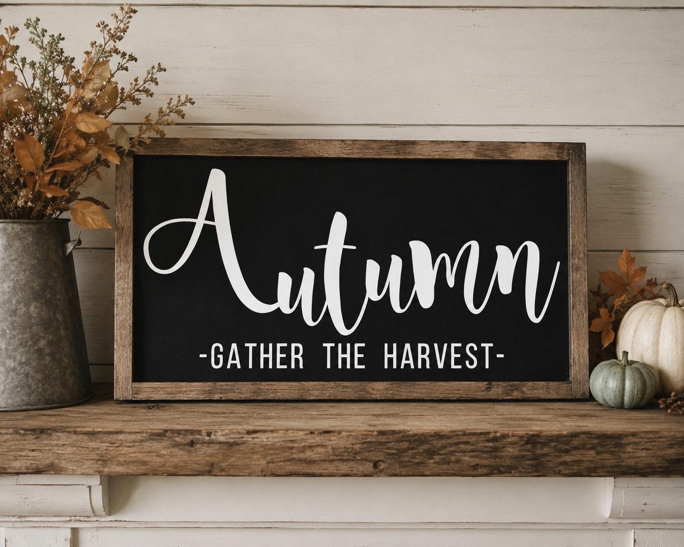 Autumn-themed sign with 'Gather the Harvest' on a wooden shelf with decorative elements.