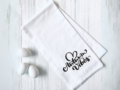 Happy Fall Y'all white kitchen tea towel with autumn leaves design