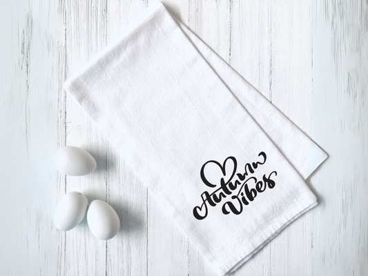 Happy Fall Y'all white kitchen tea towel with autumn leaves design