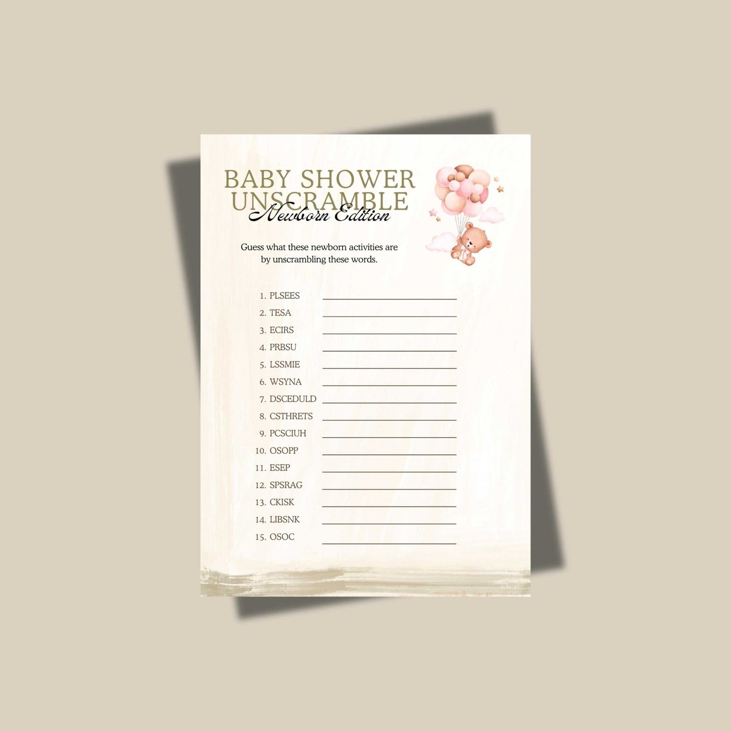 Teddy bear balloon style baby shower unscramble game card for printable gender-neutral shower activities.