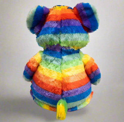 Colorful rainbow teddy bear with stripes, perfect for personalized baby memorial gift.