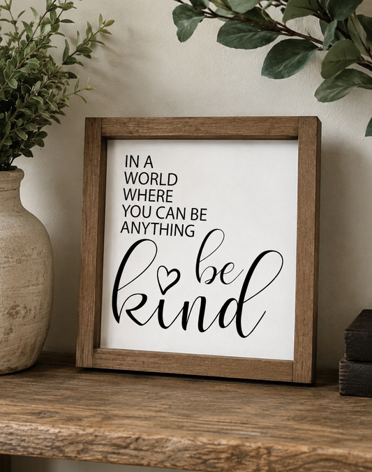 Framed sign with 'In a world where you can be anything, be kind' text on a wooden shelf.
