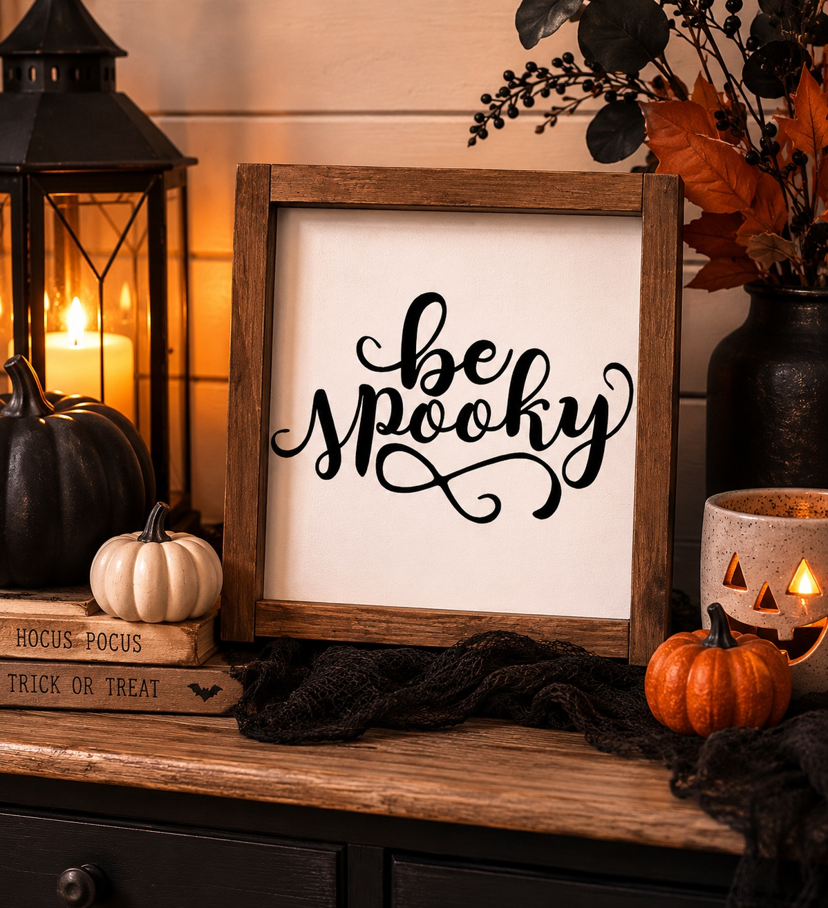 Framed sign with 'be moody' text on a Halloween-themed table with pumpkins and lanterns.