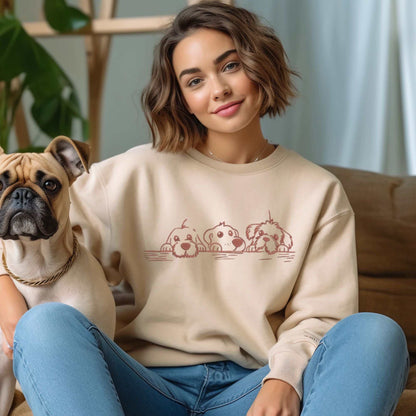 Custom embroidered dog mama sweatshirt with sketch-style dogs, perfect gift for pet lovers.