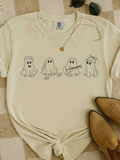 cream t-shirt with embroidered playful ghost designs and fall accessories