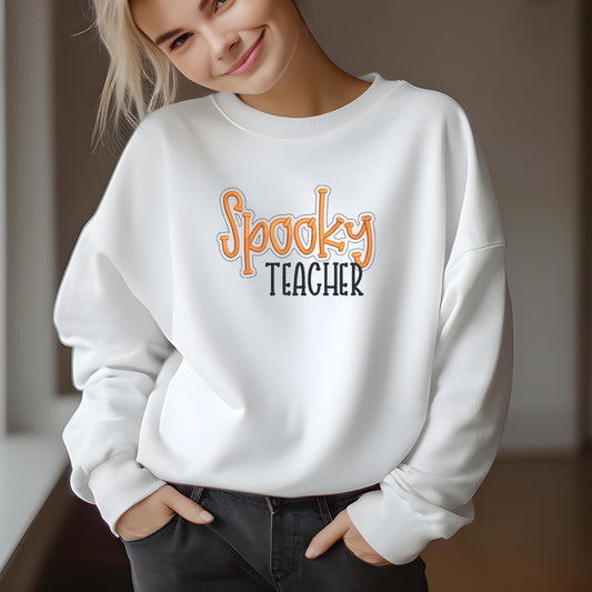 Spooky Teacher embroidered sweatshirt with Halloween design for educators
