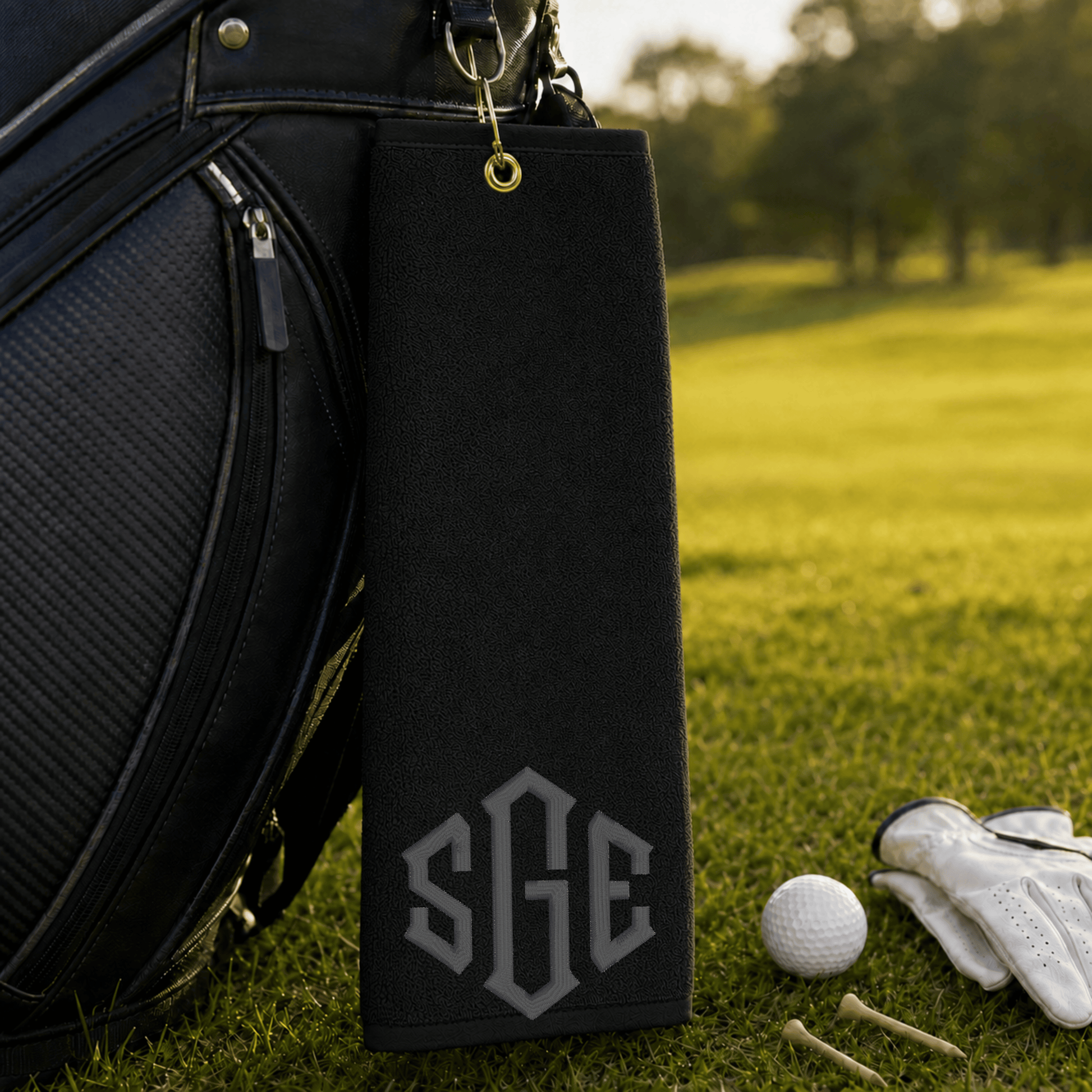 Personalized golf towel with custom embroidered monogram, 100% cotton tri-fold design with hook for golfers