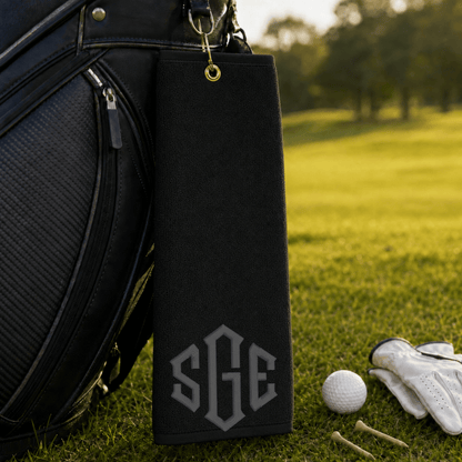 Personalized golf towel with custom embroidered monogram, 100% cotton tri-fold design with hook for golfers