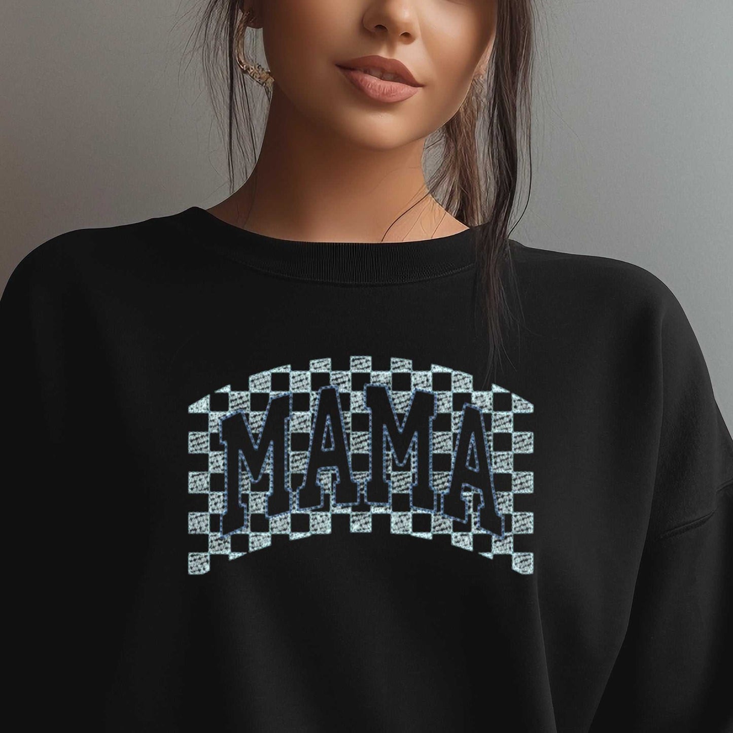 Embroidered MAMA sweatshirt with checkered design on black fleece, cozy gift for new moms.