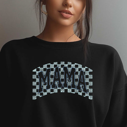 Embroidered MAMA sweatshirt with checkered design on black fleece, cozy gift for new moms.