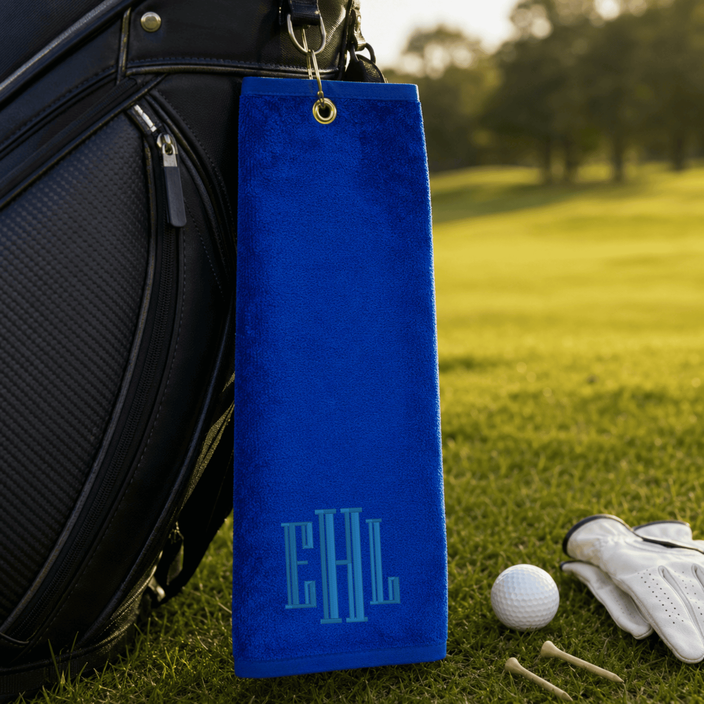 Personalized embroidered cotton golf towel with tri-fold design and hook for golfers