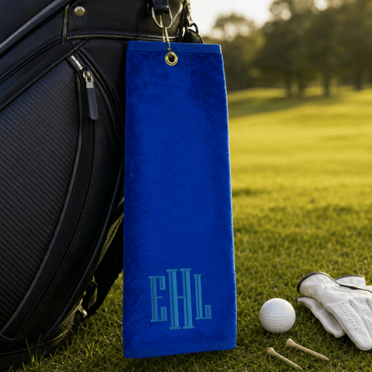 Personalized embroidered cotton golf towel with tri-fold design and hook for golfers
