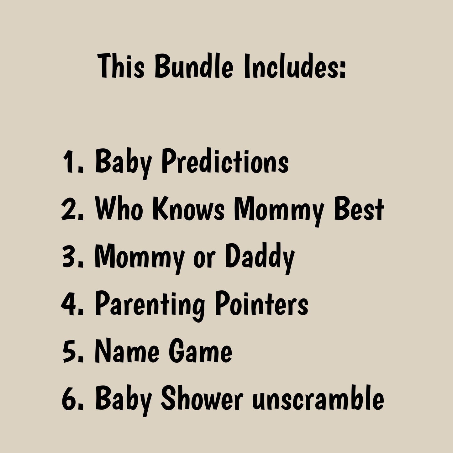 Printable baby shower games bundle featuring 6 fun activities including Baby Predictions and Name Game, ideal for gender-neutral celebrations.