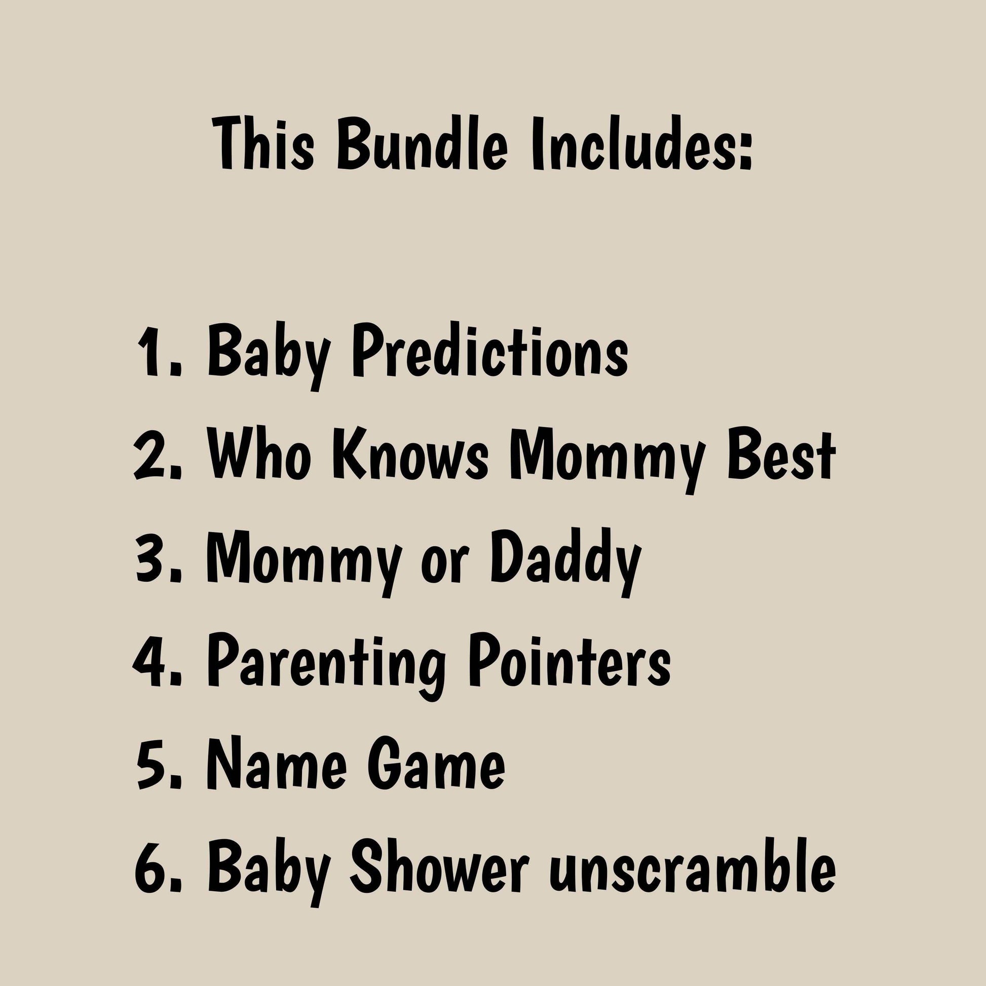 Printable baby shower games bundle featuring 6 fun activities including Baby Predictions and Name Game, ideal for gender-neutral celebrations.