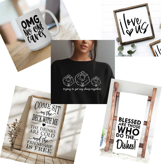 Surprise Indulgence Bundle with sarcastic mug, cozy sweatshirt, wooden signs, and embroidered tea towel gift set