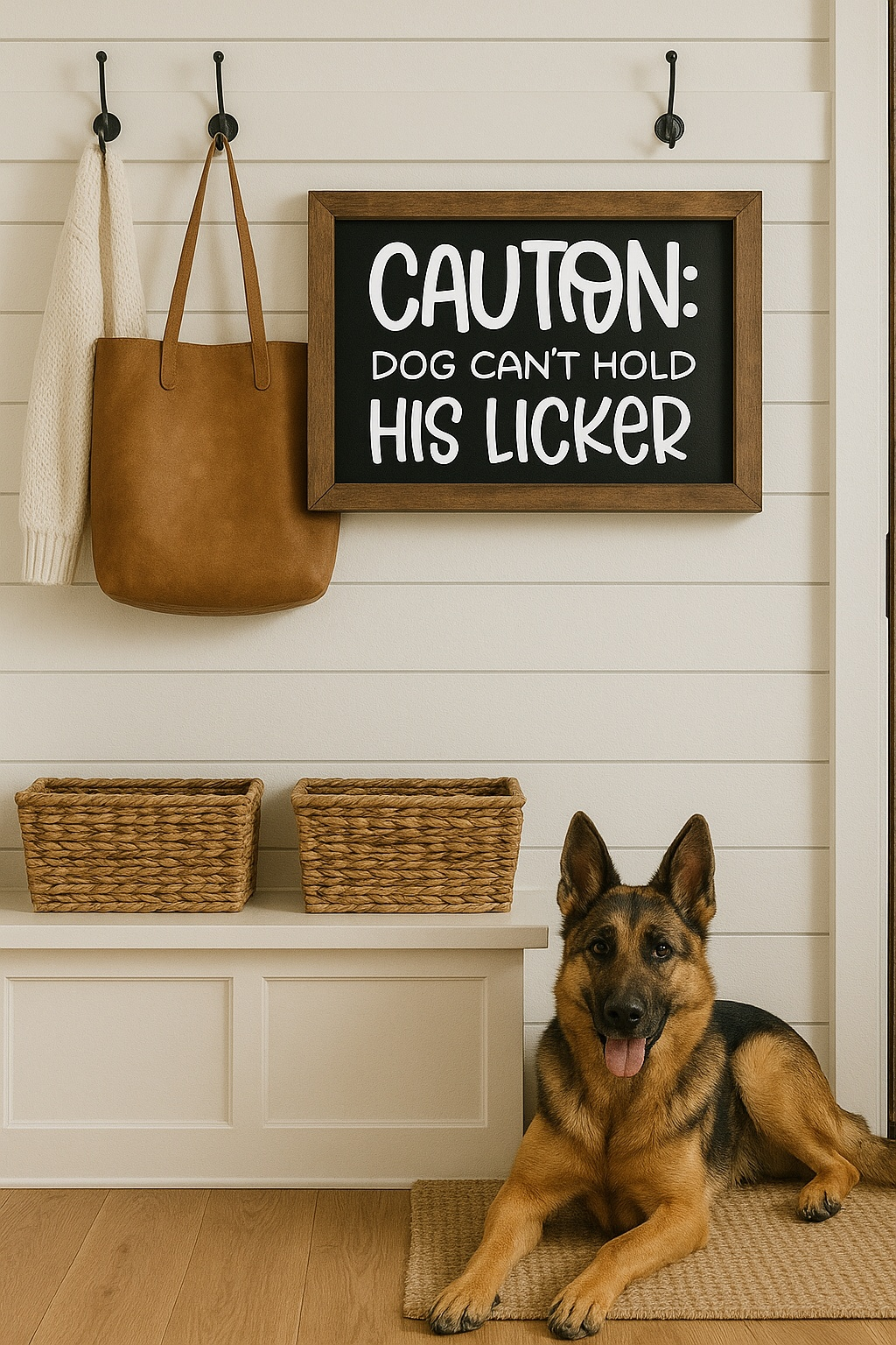 Funny caution dog sign in rustic wooden frame on wall, with dog sitting below.