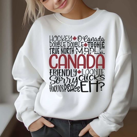 Cozy unisex fleece sweatshirt with Canada-themed word art design.