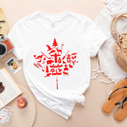 White Canada Icons Maple Leaf T-Shirt featuring a red maple leaf made of iconic Canadian imagery like moose