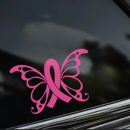 A bright pink butterfly-shaped decal with an integrated ribbon design, shown applied to a dark tinted car window.