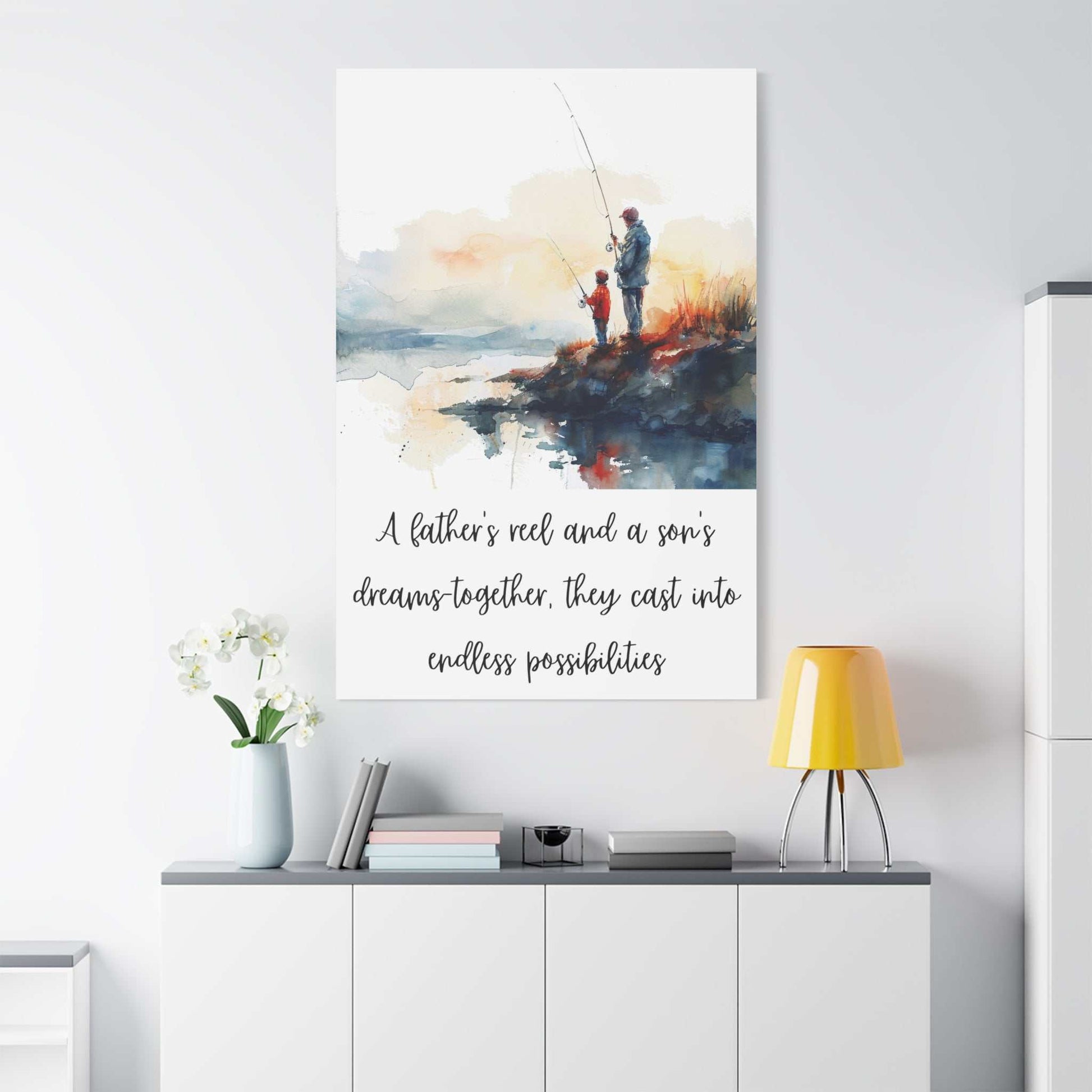 Inspirational fishing canvas art for dad and son featuring a serene sunrise scene with heartwarming quote; perfect Father's Day gift.