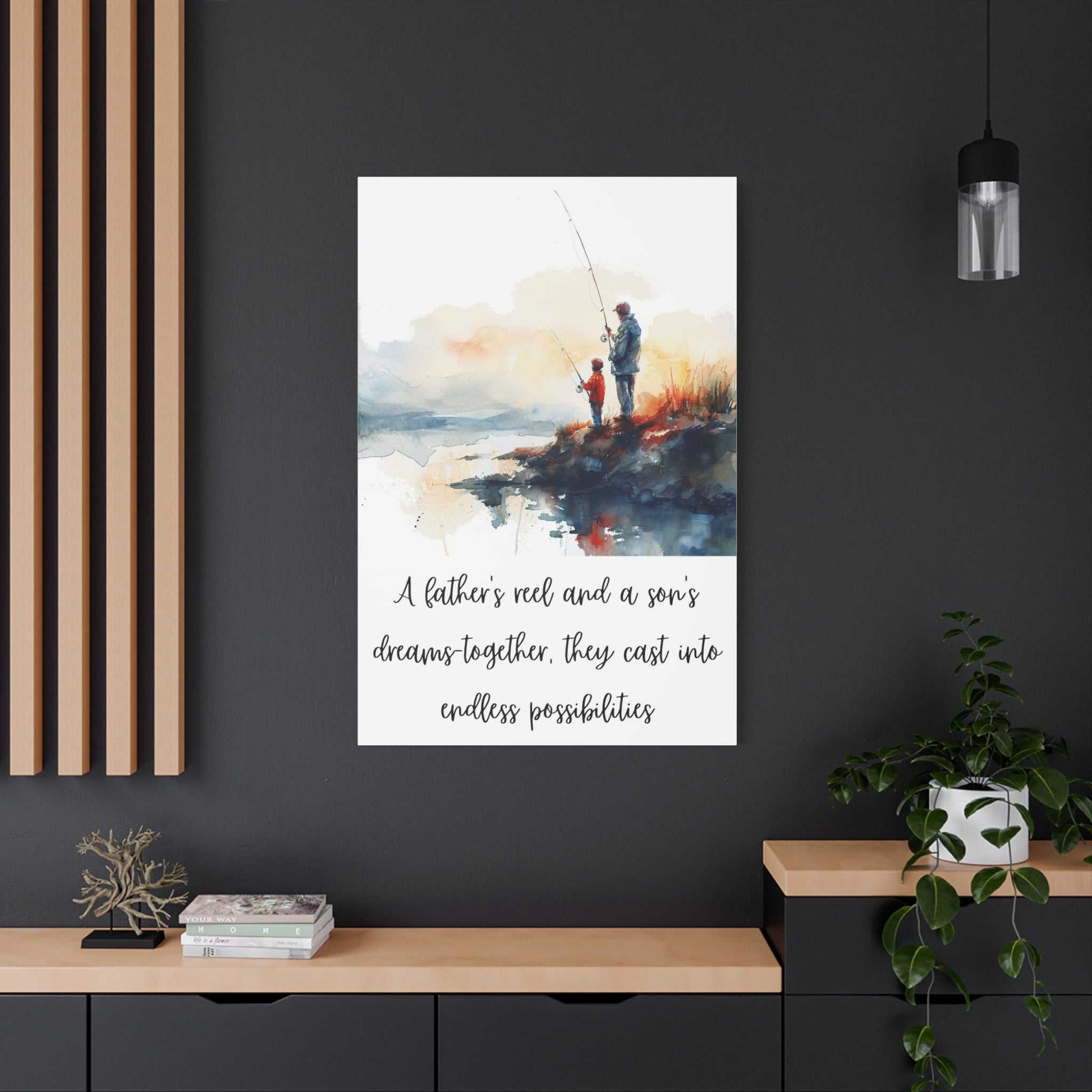 Inspirational fishing canvas art for father and son, featuring a serene sunrise scene, perfect for Father's Day or home decor.