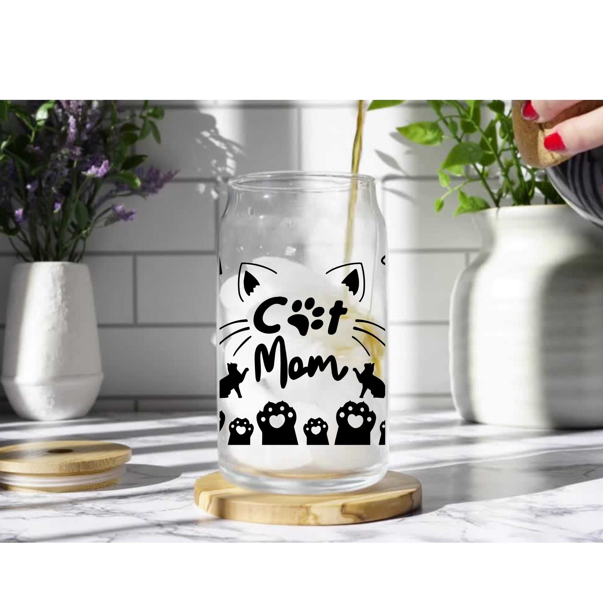 16oz glass can cup with cat designs, bamboo lid, and straw; ideal for cold drinks.