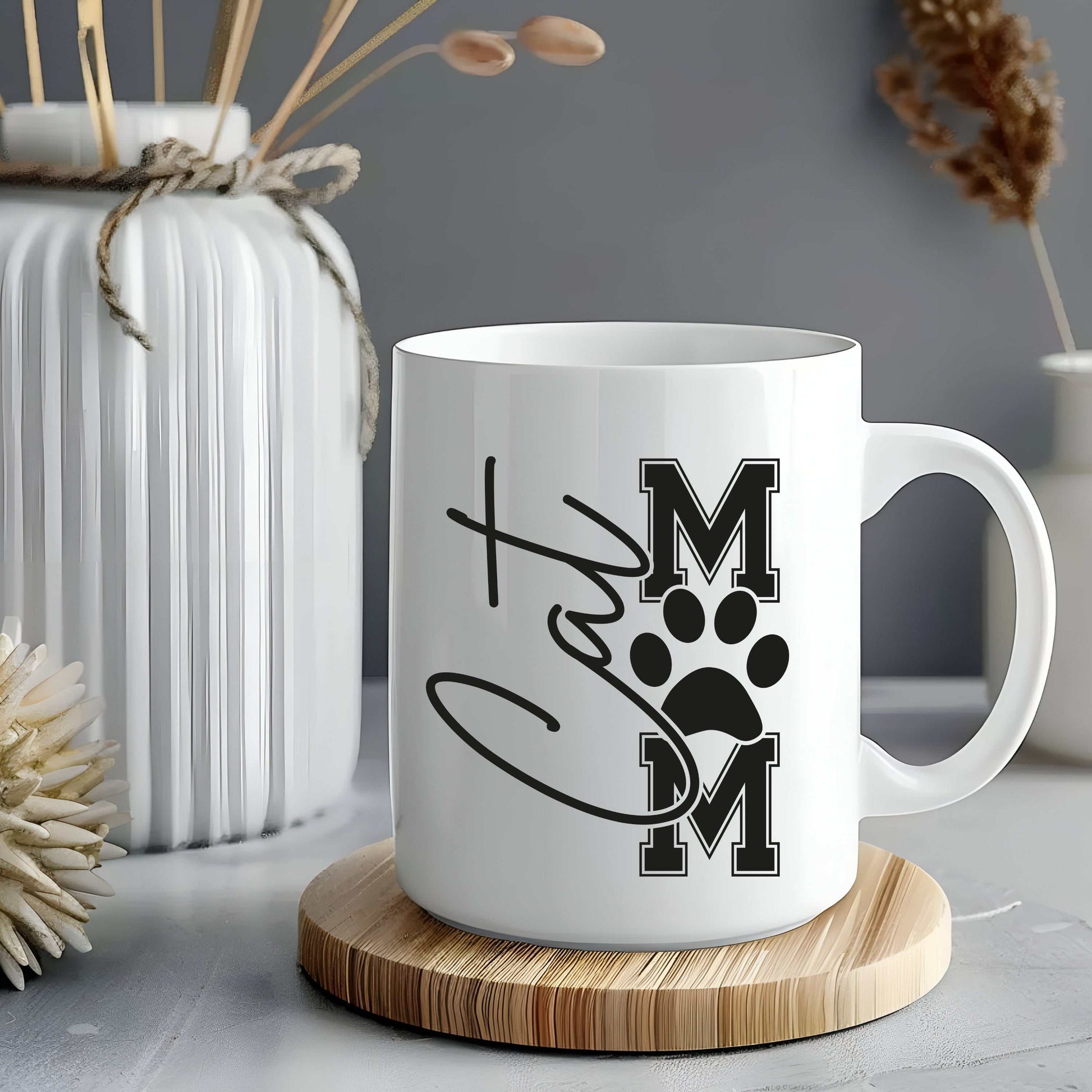 Cat Mom Mug with paw print and varsity-style lettering, ceramic, 11oz or 15oz.