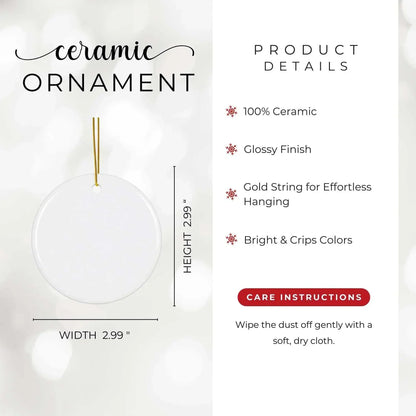 Personalized ceramic Christmas ornament for newlyweds with glossy finish and gold hanging string, 2.99 inch round disk.