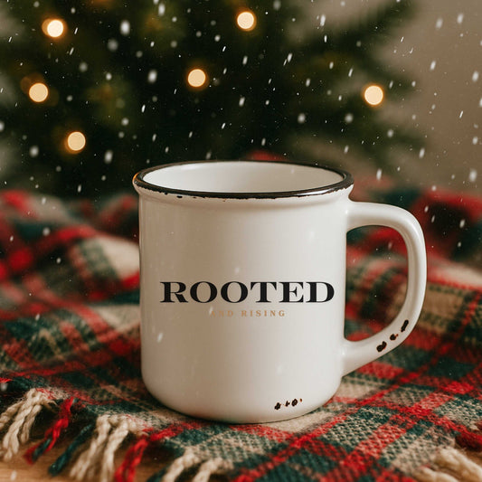 White enamel Rooted and Rising 15 oz mug with permanent vinyl, dishwasher and microwave safe
