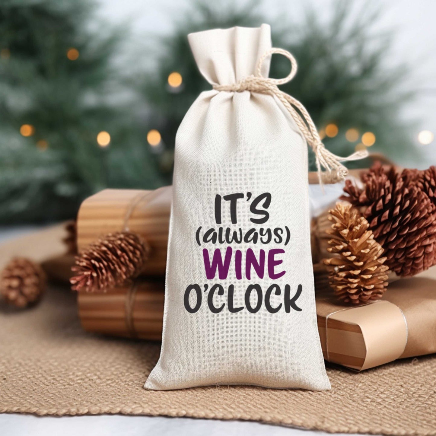 Cotton wine gift bag with "It's Always Wine O'Clock" print, reusable and eco-friendly, fits standard wine bottles.